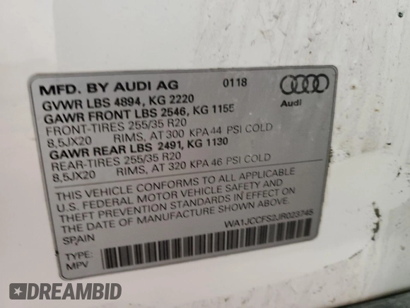 2018 Audi Q3 Premium Plus z VIN WA1JCCFS2JR023745, wystawiony jako Copart lot #86858734 z przebiegiem 83 720 mil mil oraz Szkoda całkowita • Salvage title. Historia ofert i sprzedaży dostępna na DreamBid. Obrazek 15.