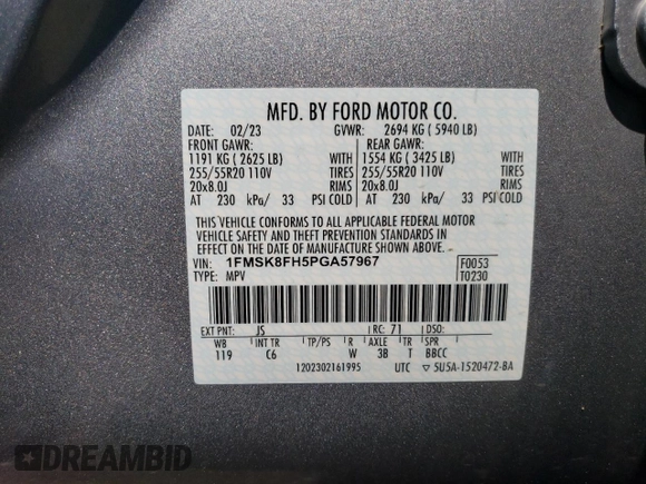 2023 Ford Explorer Limited с VIN 1FMSK8FH5PGA57967, выставлен на аукционе Copart как лот 64985715 с пробегом 8 990 миль миль и Чистый • Clean title. История ставок и продаж доступна на DreamBid. Изображение 12.