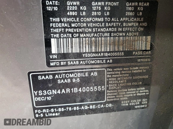 2011 Saab 9-5 Turbo4 with VIN YS3GN4AR1B4005555, listed as a Copart auction lot 85066734 with 102,827 mi miles and Salvage Title. Bid and sale history available at carsss.com. Image 14.
