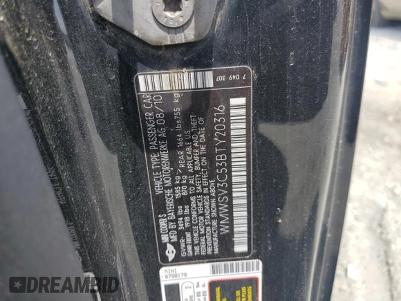 2011 MINI Hardtop S with VIN WMWSV3C53BTY20316, listed as a Copart auction lot 53974865 with 102,235 mi miles and Salvage Title. Bid and sale history available at DreamBid. Image 12.