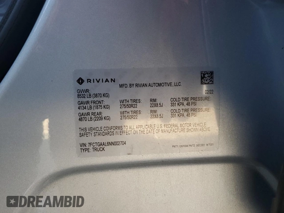 2022 Rivian R1T Launch Edition z VIN 7FCTGAAL6NN002704, wystawiony jako Copart lot #77913144 z przebiegiem 40 665 mil mil oraz Szkoda całkowita • Salvage title. Historia ofert i sprzedaży dostępna na DreamBid. Obrazek 12.