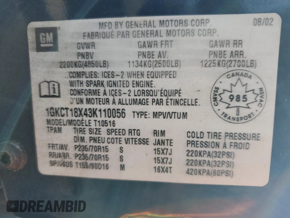 2003 GMC Jimmy z VIN 1GKCT18X43K110056, wystawiony jako Copart lot #48671585 z przebiegiem 272 867 mil mil oraz Czysty tytuł • Clean title. Historia ofert i sprzedaży dostępna na DreamBid. Obrazek 14.
