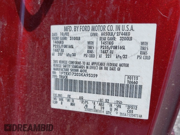 2003 Ford F-150 XL with VIN 1FTRX17203KA95359, listed as a IAAI auction lot 41891118 with 206,393 mi miles. Bid and sale history available at carsss.com. Image 9.