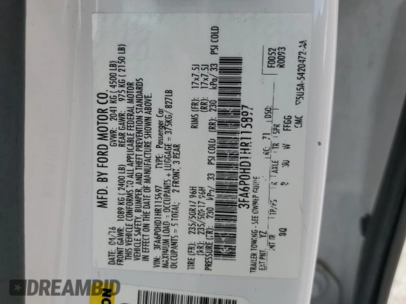 2017 Ford Fusion SE with VIN 3FA6P0HD1HR115897, listed as a Copart auction lot 61087315 with 124,311 mi miles and Salvage title. Bid and sale history available at DreamBid. Image 12.