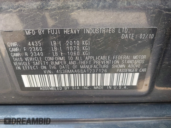2010 Subaru Legacy 2.5i with VIN 4S3BMAA68A1237126, listed as a IAAI auction lot 42448466 with 257,660 mi miles and . Bid and sale history available at DreamBid. Image 9.