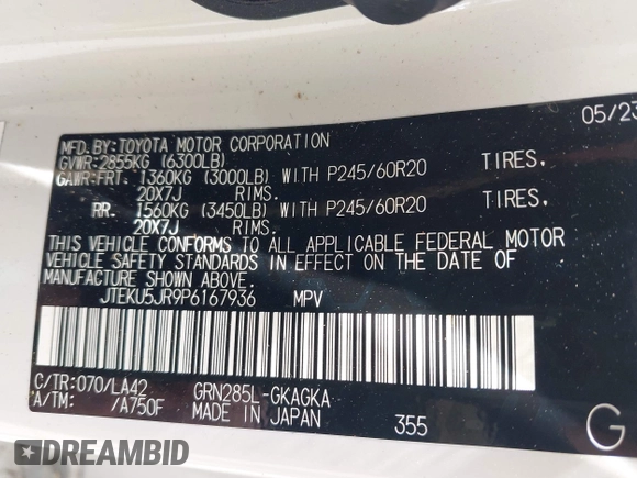 2023 Toyota 4Runner Limited with VIN JTEKU5JR9P6167936, listed as a IAAI auction lot 42080234 with 9,148 mi miles and . Bid and sale history available at DreamBid. Image 9.