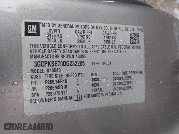 2013 Chevrolet Silverado 1500 LT with VIN 3GCPKSE70DG232285, listed as a IAAI auction lot 40881769 with 110,837 mi miles and . Bid and sale history available at DreamBid. Image 9.