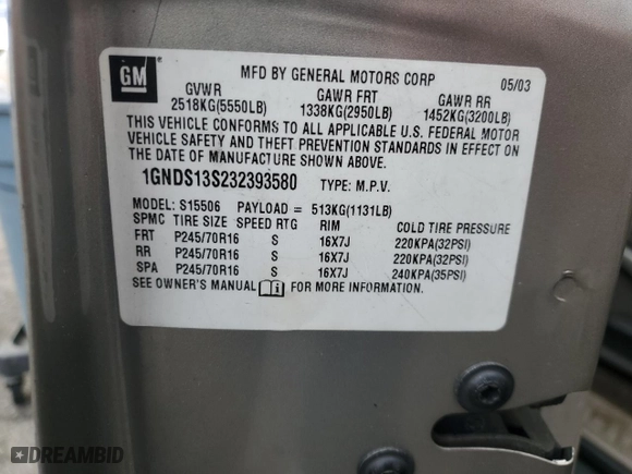 2003 Chevrolet TrailBlazer LT with VIN 1GNDS13S232393580, listed as a Copart auction lot 86014884 with NaN miles and Salvage Title. Bid and sale history available at carsss.com. Image 13.