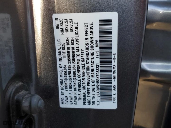 2019 Honda CR-V EX with VIN 7FARW2H53KE033231, listed as a Copart auction lot 53473705 with 59,507 mi miles and Salvage Title. Bid and sale history available at carsss.com. Image 12.