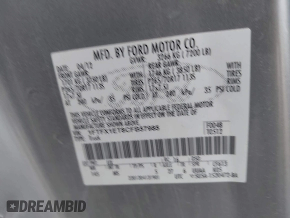 2012 Ford F-150 XL with VIN 1FTFX1ET8CFB57985, listed as a IAAI auction lot 41925009 with 265,900 mi miles. Bid and sale history available at carsss.com. Image 9.