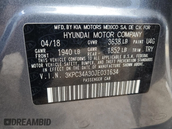 2018 Hyundai Accent Limited z VIN 3KPC34A30JE031634, wystawiony jako Copart lot #57531905 z przebiegiem 68 626 mil mil oraz Szkoda całkowita • Salvage title. Historia ofert i sprzedaży dostępna na DreamBid. Obrazek 12.