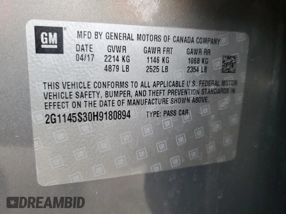 2017 Chevrolet Impala Premier with VIN 2G1145S30H9180894, listed as a Copart auction lot 51003465 with 88,454 mi miles and Salvage Title. Bid and sale history available at DreamBid. Image 13.