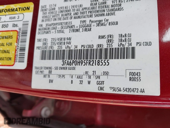 2015 Ford Fusion SE with VIN 3FA6P0H95FR218555, listed as a IAAI auction lot 41747559 with 189,862 mi miles. Bid and sale history available at carsss.com. Image 9.