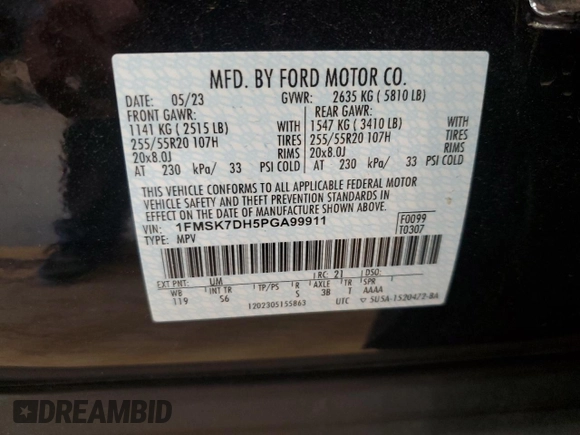 2023 Ford Explorer XLT with VIN 1FMSK7DH5PGA99911, listed as a Copart auction lot 51070835 with 45,698 mi miles and Salvage Title. Bid and sale history available at carsss.com. Image 16.