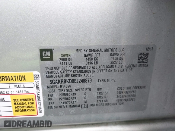 2014 Buick Enclave Leather with VIN 5GAKRBKD8EJ248879, listed as a IAAI auction lot 42067458 with 216,464 mi miles and . Bid and sale history available at DreamBid. Image 9.