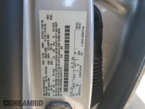 2020 Ford Escape SEL with VIN 1FMCU0H60LUC61177, listed as a Copart auction lot 57350665 with 74,859 mi miles and Salvage title. Bid and sale history available at DreamBid. Image 12.