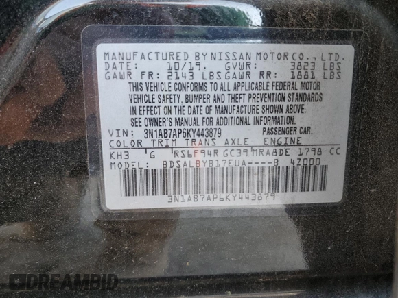 2019 Nissan Sentra SV with VIN 3N1AB7AP6KY443879, listed as a Copart auction lot 53153215 with 76,172 mi miles and Salvage Title. Bid and sale history available at carsss.com. Image 13.