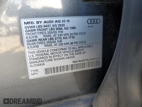 2018 Audi Q7 Premium z VIN WA1AHAF75JD037217, wystawiony jako Copart lot #55182155 z przebiegiem 97 954 mil mil oraz Szkoda całkowita • Salvage title. Historia ofert i sprzedaży dostępna na DreamBid. Obrazek 13.