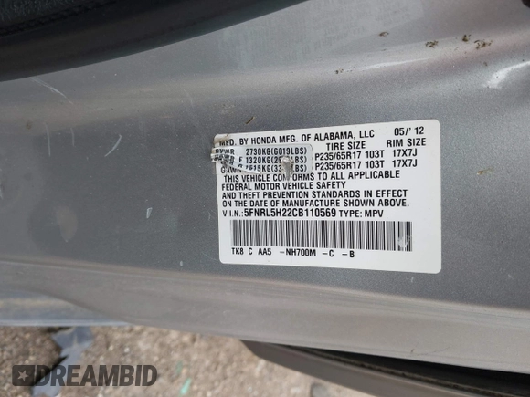 2012 Honda Odyssey LX with VIN 5FNRL5H22CB110569, listed as a IAAI auction lot 42151633 with 253,812 mi miles and . Bid and sale history available at carsss.com. Image 9.