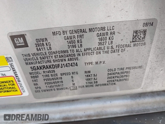 2015 Buick Enclave Convenience with VIN 5GAKRAKD9FJ147474, listed as a IAAI auction lot 41725410 with Not Provided miles and . Bid and sale history available at carsss.com. Image 9.