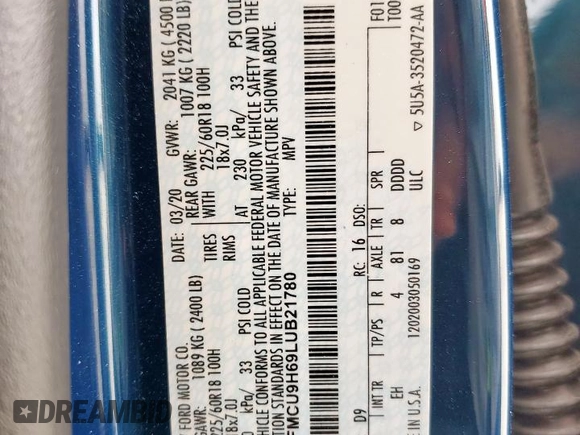 2020 Ford Escape SEL с VIN 1FMCU9H69LUB21780, выставлен на аукционе Copart как лот 58129025 с пробегом 69 511 миль миль и Списание • Salvage title. История ставок и продаж доступна на DreamBid. Изображение 13.