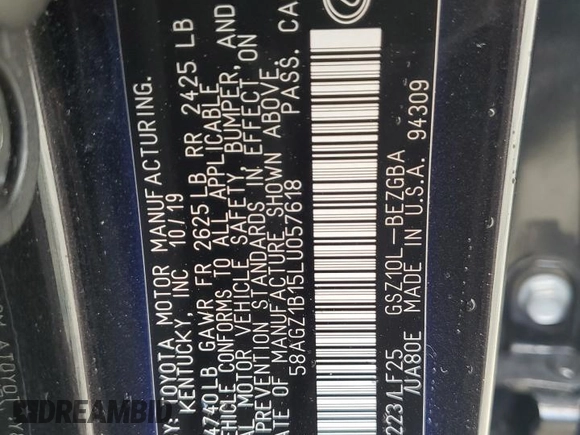2020 Lexus ES 350 F Sport with VIN 58AGZ1B15LU057618, listed as a Copart auction lot 55978645 with 56,891 mi miles and Non repairable. Bid and sale history available at DreamBid. Image 12.