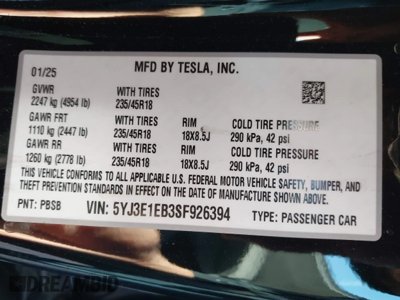2025 Tesla Model 3 Long Range with VIN 5YJ3E1EB3SF926394, listed as a IAAI auction lot 42249844 with 1,090 mi miles and . Bid and sale history available at DreamBid. Image 9.