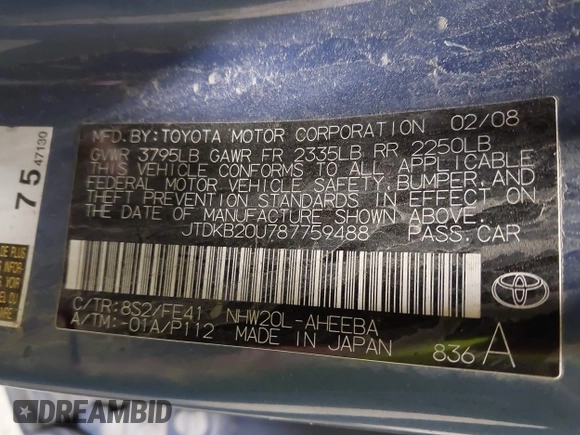 2008 Toyota Prius with VIN JTDKB20U787759488, listed as a IAAI auction lot 42083886 with Not Provided miles and . Bid and sale history available at DreamBid. Image 9.