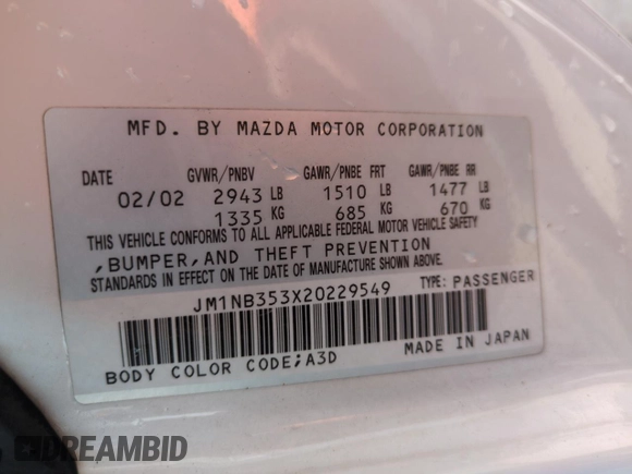 2002 Mazda MX-5 Miata Cloth z VIN JM1NB353X20229549, wystawiony jako Copart lot #54549205 z przebiegiem 79 871 mil mil oraz Szkoda całkowita • Salvage title. Historia ofert i sprzedaży dostępna na DreamBid. Obrazek 12.