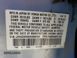 2010 Honda Fit Sport с VIN JHMGE8H6XAS006965, выставлен на аукционе Copart как лот 58011325 с пробегом 113 064 миль миль и Списание • Salvage title. История ставок и продаж доступна на DreamBid. Изображение 13.