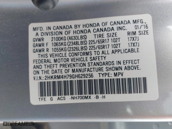 2016 Honda CR-V EX-L with VIN 2HKRM4H79GH629256, listed as a IAAI auction lot 41517848 with 161,220 mi miles. Bid and sale history available at carsss.com. Image 9.
