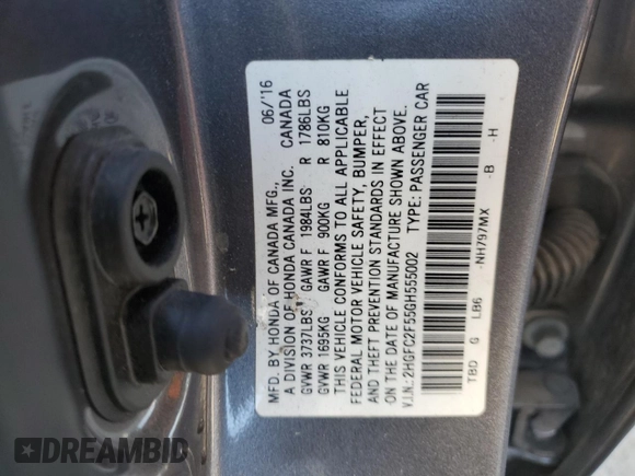 2016 Honda Civic Sedan LX with VIN 2HGFC2F55GH555002, listed as a Copart auction lot 50680565 with 163,332 mi miles and Salvage Title. Bid and sale history available at carsss.com. Image 13.