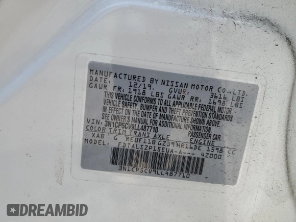 2020 Nissan Kicks SV z VIN 3N1CP5CV9LL487710, wystawiony jako Copart lot #58723695 z przebiegiem 76 425 mil mil oraz Szkoda całkowita • Salvage title. Historia ofert i sprzedaży dostępna na DreamBid. Obrazek 14.