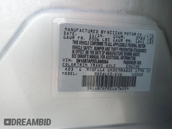 2014 Nissan Sentra S with VIN 3N1AB7AP2EL696554, listed as a Copart auction lot 54410195 with 93,406 mi miles and Salvage Title. Bid and sale history available at DreamBid. Image 12.