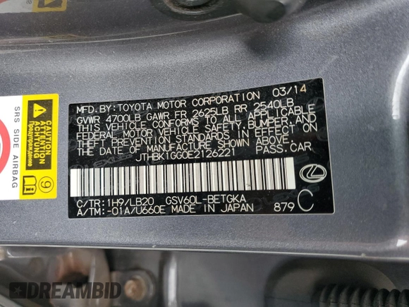 2014 Lexus ES 330 with VIN JTHBK1GG0E2126221, listed as a Copart auction lot 61949975 with 196,574 mi miles and Salvage title. Bid and sale history available at DreamBid. Image 13.