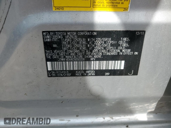 2012 Toyota RAV4 Sport with VIN JTMRF4DV4C5050328, listed as a Copart auction lot 55262145 with 119,204 mi miles and Salvage title. Bid and sale history available at DreamBid. Image 13.