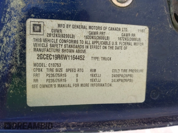 1998 Chevrolet Silverado 1500 with VIN 2GCEC19R6W1164452, listed as a IAAI auction lot 42166798 with 278,026 mi miles and . Bid and sale history available at DreamBid. Image 9.