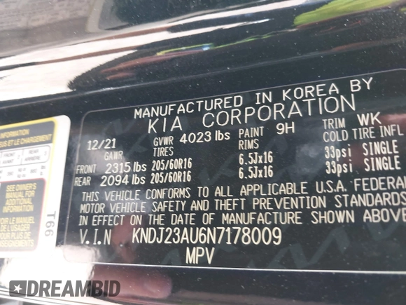 2022 Kia Soul LX with VIN KNDJ23AU6N7178009, listed as a IAAI auction lot 42066632 with 58,861 mi miles and . Bid and sale history available at DreamBid. Image 9.