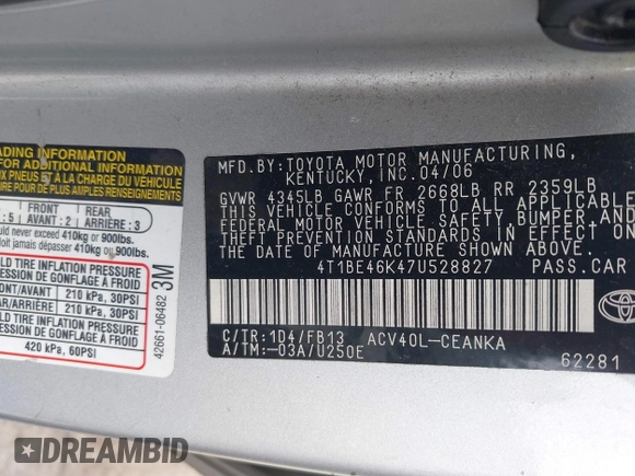 2007 Toyota Camry CE with VIN 4T1BE46K47U528827, listed as a IAAI auction lot 42123907 with 257,248 mi miles. Bid and sale history available at carsss.com. Image 9.
