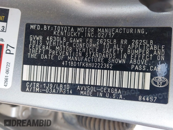 2017 Toyota Camry Hybrid LE z VIN 4T1BD1FK8HU222362, wystawiony jako IAAI lot #42456703 z przebiegiem 70 907 mil mil oraz . Historia ofert i sprzedaży dostępna na DreamBid. Obrazek 9.