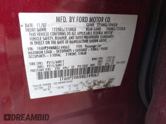 2008 Ford Taurus SEL with VIN 1FAHP24W88G149063, listed as a IAAI auction lot 42168947 with 128,735 mi miles and . Bid and sale history available at DreamBid. Image 9.