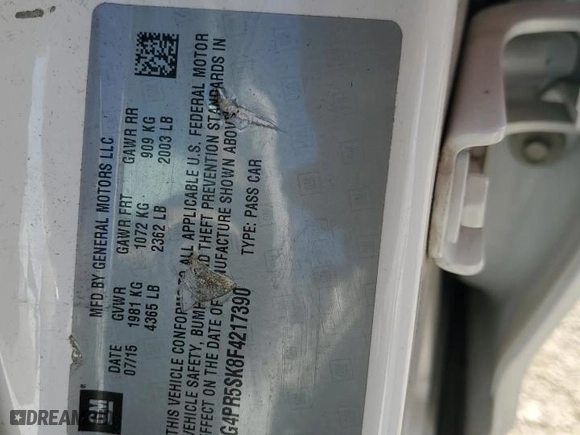 2015 Buick Verano Convenience Group with VIN 1G4PR5SK8F4217390, listed as a Copart auction lot 50046545 with 113,864 mi miles and Salvage Title. Bid and sale history available at carsss.com. Image 12.