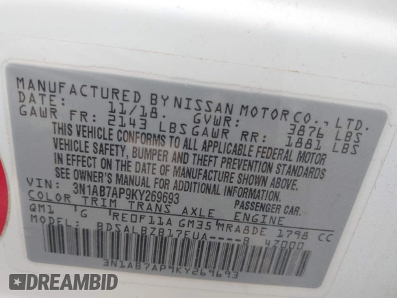 2019 Nissan Sentra SV with VIN 3N1AB7AP9KY269693, listed as a IAAI auction lot 42091283 with 45,492 mi miles and . Bid and sale history available at DreamBid. Image 9.