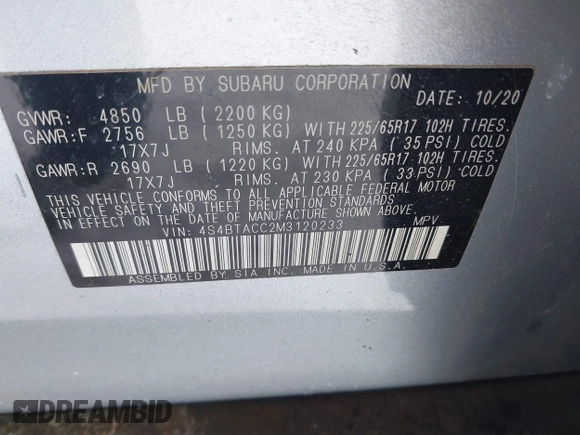 2021 Subaru Outback Premium with VIN 4S4BTACC2M3120233, listed as a IAAI auction lot 41323050 with Not Provided miles and . Bid and sale history available at DreamBid. Image 9.