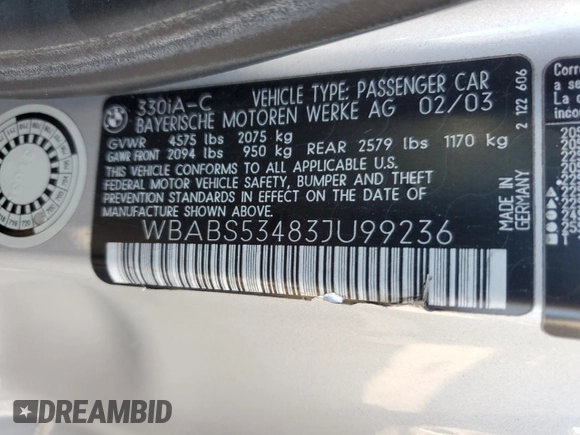 2003 BMW 3 Series 330Ci with VIN WBABS53483JU99236, listed as a Copart auction lot 78542194 with 132,758 mi miles and Salvage Title. Bid and sale history available at carsss.com. Image 14.