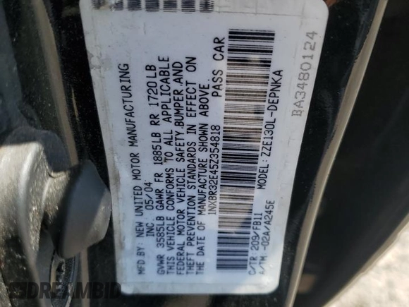 2005 Toyota Corolla CE with VIN 1NXBR32E45Z354818, listed as a Copart auction lot 56715975 with 188,140 mi miles and Clean Title. Bid and sale history available at DreamBid. Image 12.