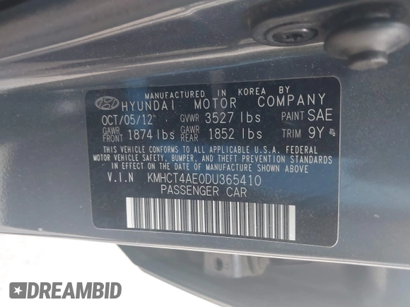 2013 Hyundai Accent GLS with VIN KMHCT4AE0DU365410, listed as a IAAI auction lot 41918395 with 170,722 mi miles and . Bid and sale history available at carsss.com. Image 9.