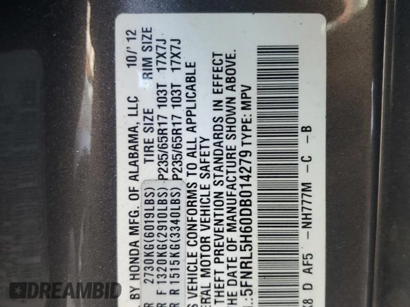 2013 Honda Odyssey EX-L with VIN 5FNRL5H60DB014279, listed as a Copart auction lot 54453185 with 114,377 mi miles and Clean Title. Bid and sale history available at carsss.com. Image 13.