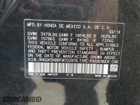 2015 Honda Fit EX-L with VIN 3HGGK5H86FM702976, listed as a Copart auction lot 59439045 with 164,932 mi miles and Salvage title. Bid and sale history available at DreamBid. Image 12.