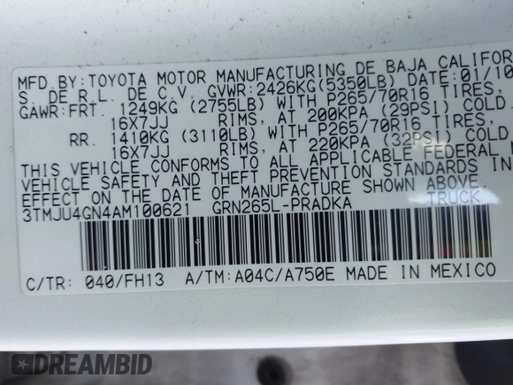 2010 Toyota Tacoma PreRunner with VIN 3TMJU4GN4AM100621, listed as a IAAI auction lot 41786994 with 222,327 mi miles and . Bid and sale history available at DreamBid. Image 9.